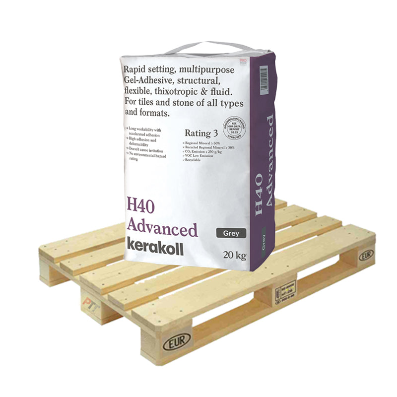Grey Kerakoll H40 Advanced Gel Tile Adhesive on a pallet
