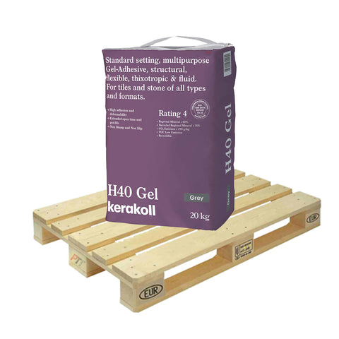 Grey Kerakoll H40 Gel Tile Adhesive, Standard Set, on a pallet