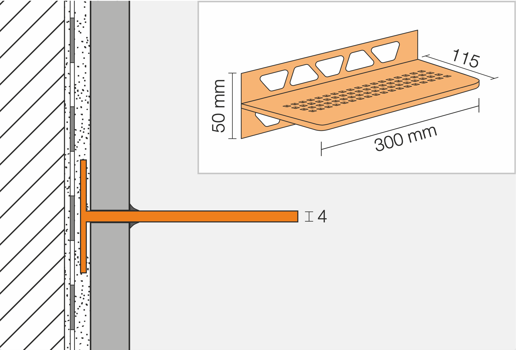 Schluter SHELF-W-S1 Shower Wall Floating Shelf - CURVE, Coated Aluminium, 300x115mm