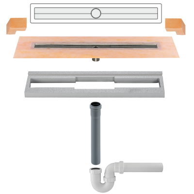Diagram showing components of Schlüter KERDI LINE VOS Drain Kit