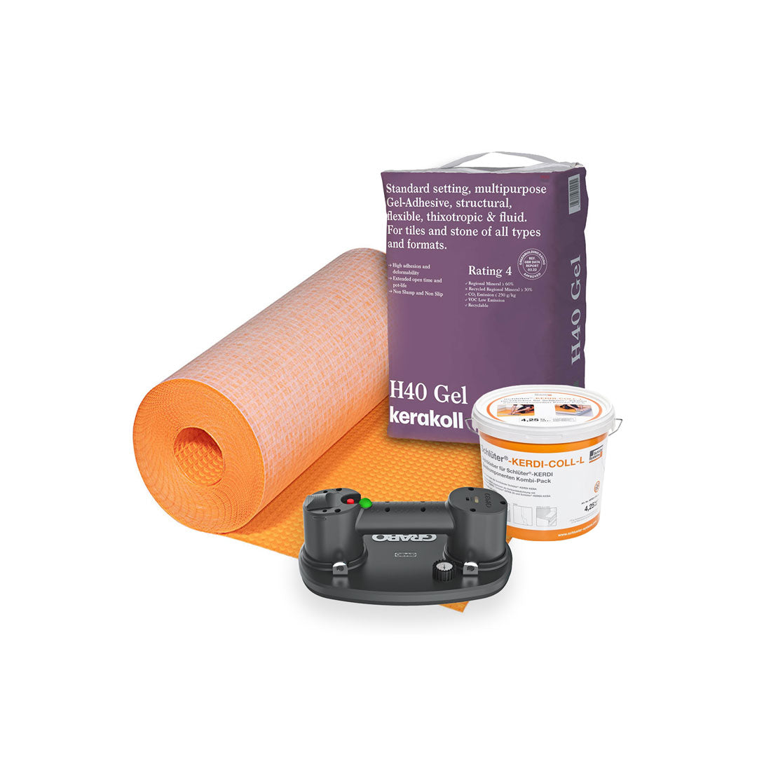 Kerakoll H40 Gel adhesive, Schlüter KERDI-COLL-L waterproofing adhesive, Schlüter DITRA uncoupling membrane and Grabo electric vacuum lifter for professional tile installation.