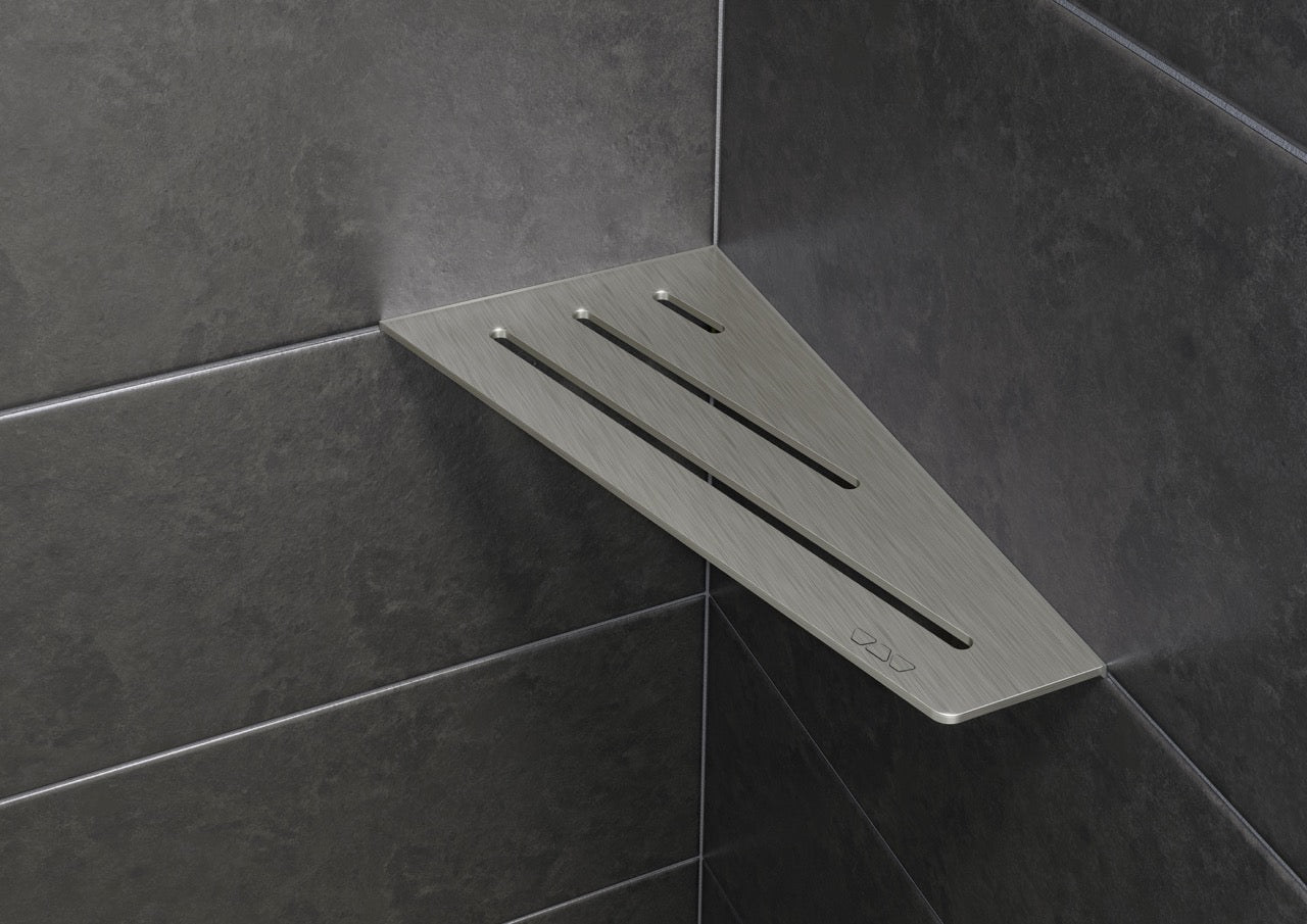Schluter SHELF-E-S3-EB Wall Corner Shelf - WAVE Design, Brushed Stainless Steel, 295x154mm